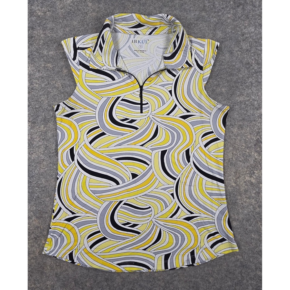 IBKUL Womens Sleeveless Golf Polo Shirt Yellow Grey Abstract Swirl Print Small